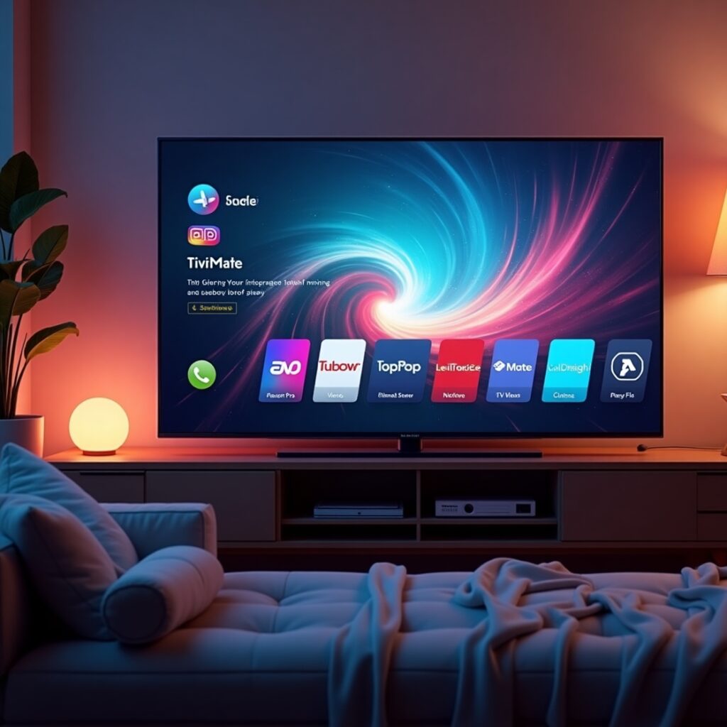 smart TV displaying various IPTV app icons like Ibo Player Pro, TiviMate, and Perfect Player. The TV screen should show high-quality live streaming content, with vibrant colors and a dynamic, futuristic feel. Surround the TV with a cozy living room setting, complete with a comfortable sofa, ambient lighting, and a modern entertainment setup. The focus should be on showcasing IPTV apps and streaming, with a tech-savvy and user-friendly ambiance